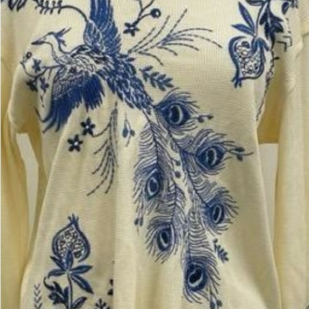 Johnny Was Cream and Blue Peacock Embroidered Shirt NEW WITH TAGS L/S Size small - Picture 2 of 11